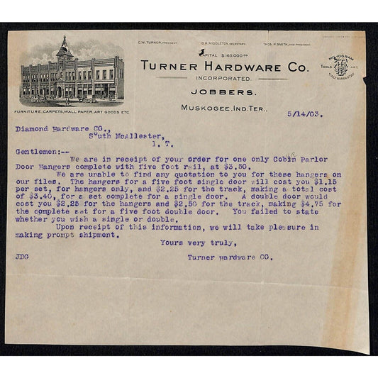 1903 Turner Hardware Co. Muskogee OK Indian Territory Letterhead Scarce