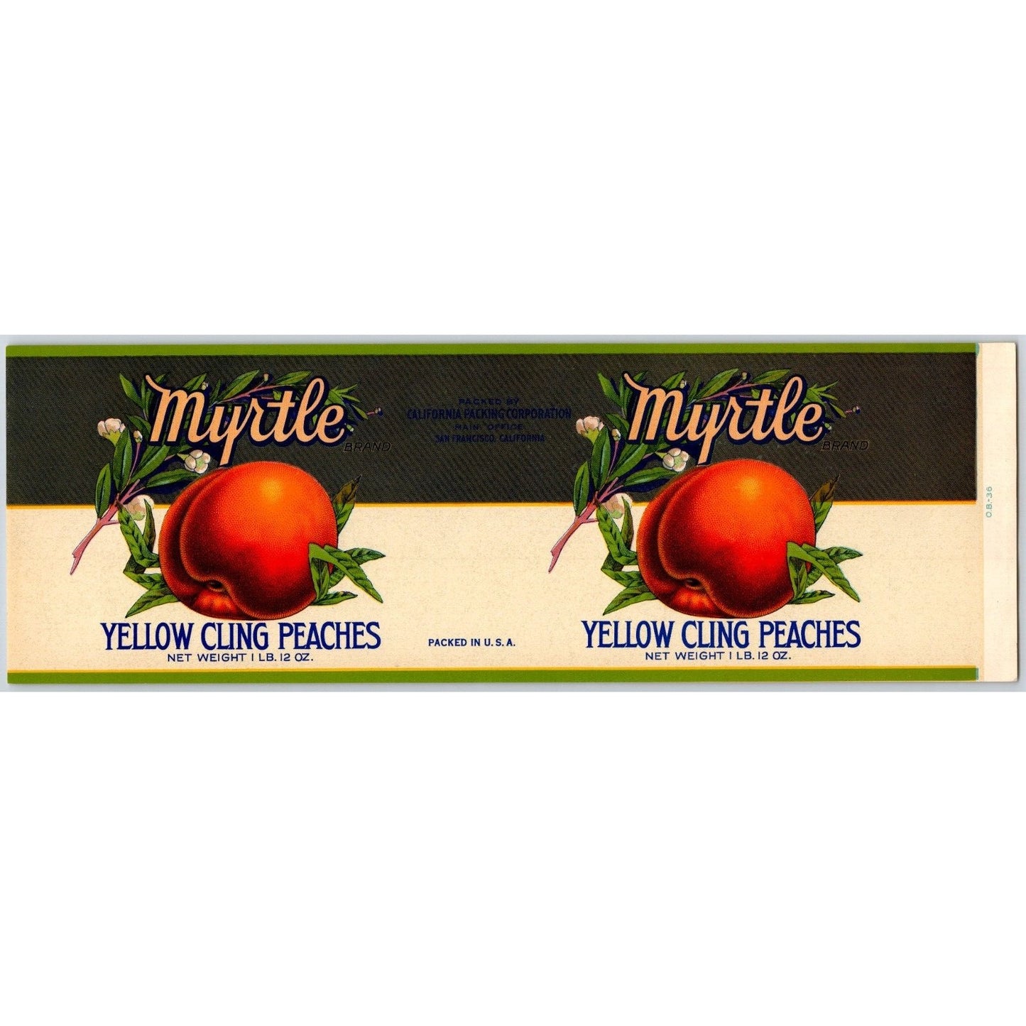 Yellow Cling Peaches Myrtle Brand Paper Can Label - c1930's VGC