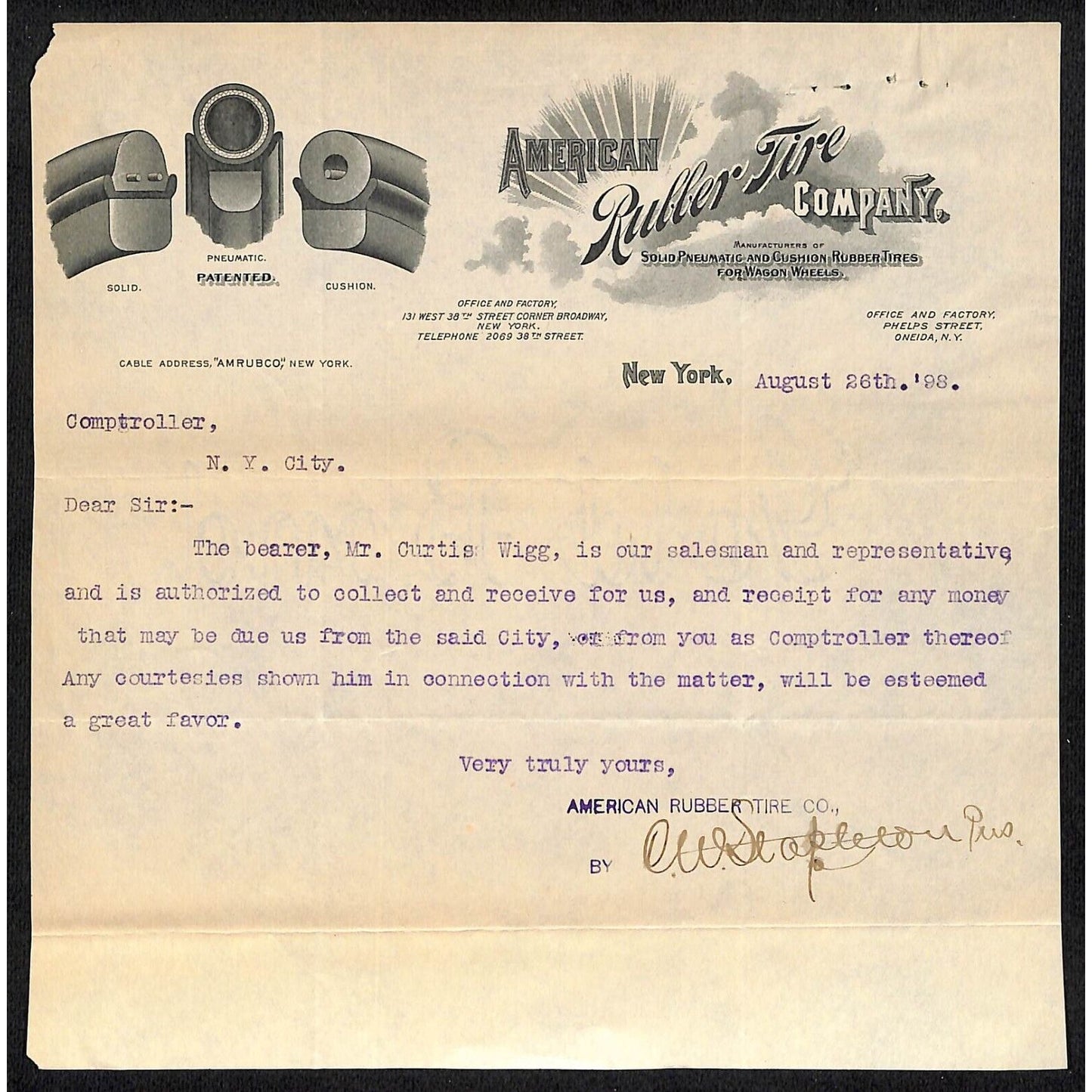 American Rubber Tire Co. / W. 38th & Broadway NYC 1898 Billhead Scarce Vignettes
