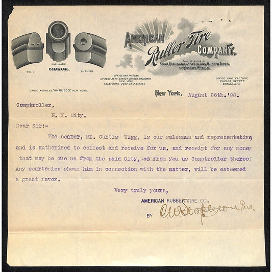American Rubber Tire Co. / W. 38th & Broadway NYC 1898 Billhead Scarce Vignettes