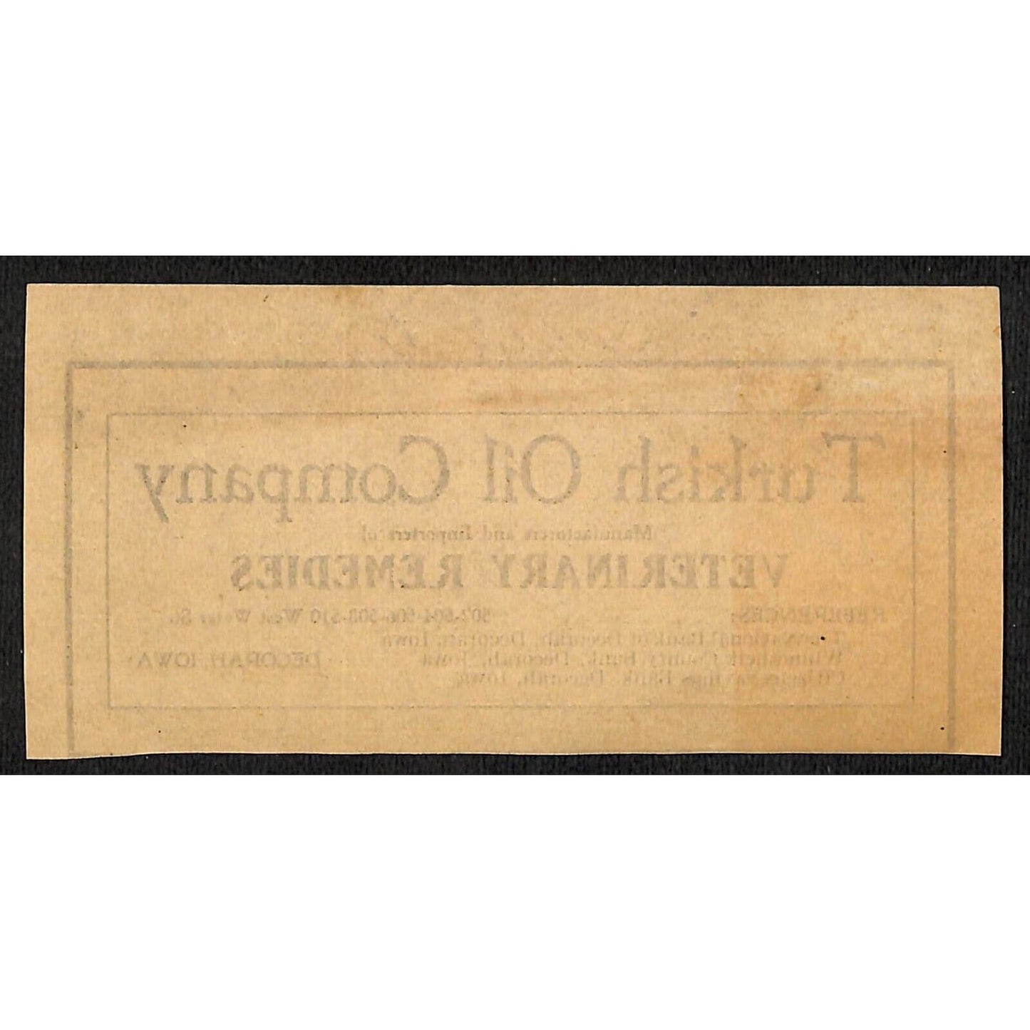 "Turkish Oil Company" Veterinary Remedies Dubuque, IA Hutchinson* c1905 Circular