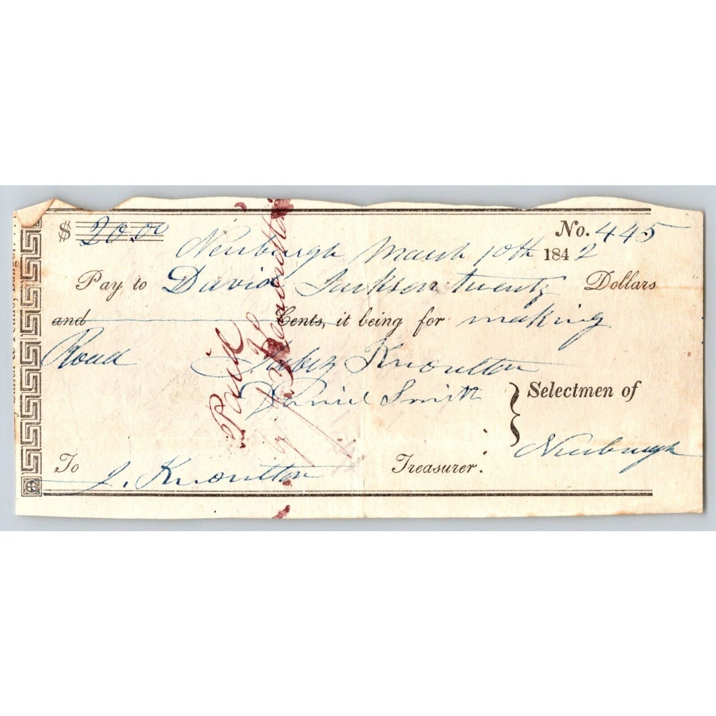 1842 Jabez Knowlton* Newburgh, ME - Town Check / Draft to David Jackson ? No.445