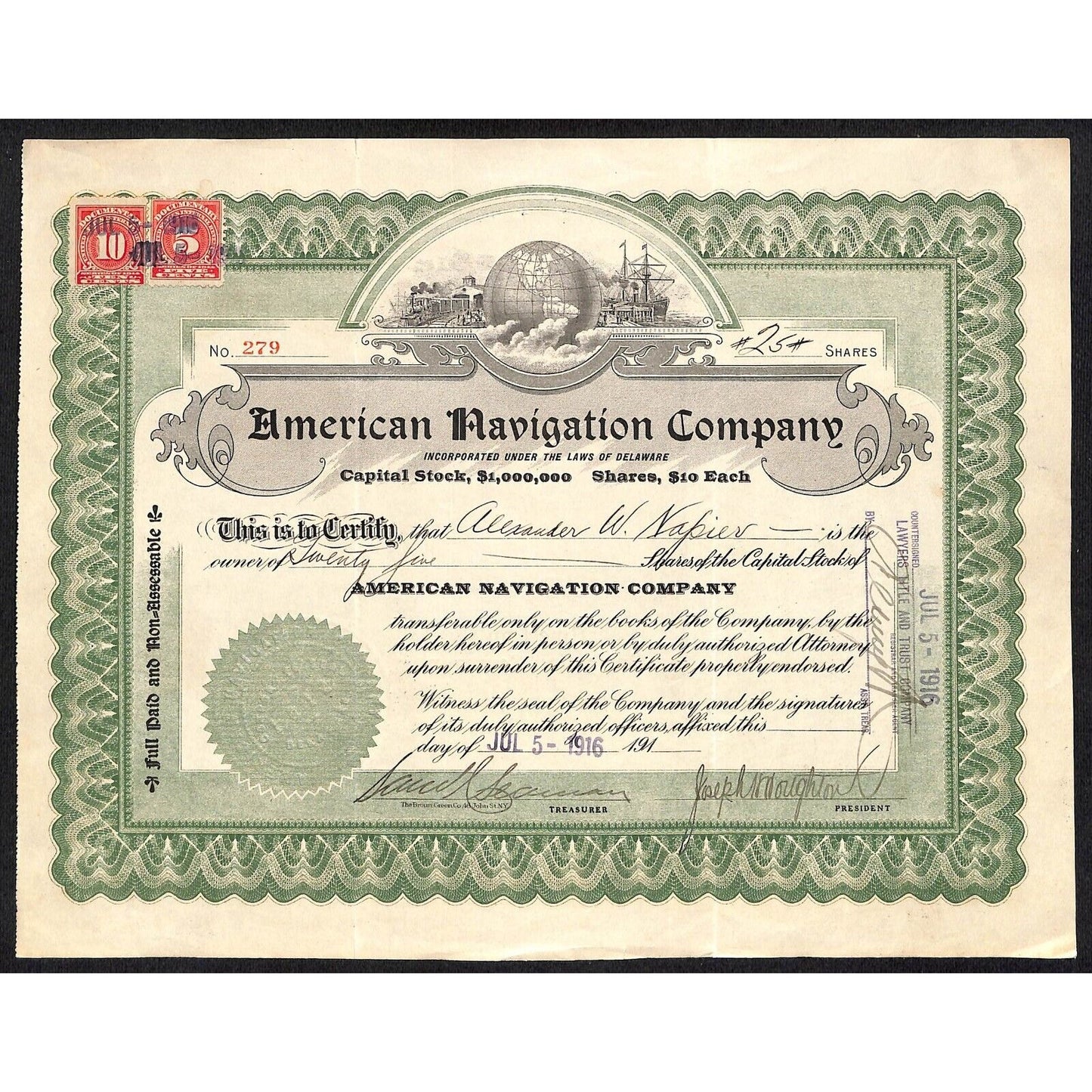 American Navigation Company 1916 Stock Certificate Tax Stamp Alexander W. Napier