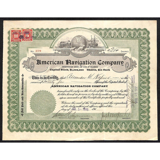 American Navigation Company 1916 Stock Certificate Tax Stamp Alexander W. Napier