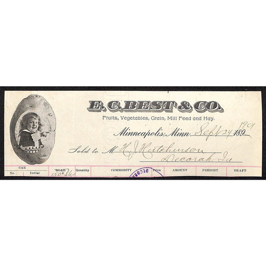 E.C. Best & Co. Minn. HJ Hutchinson Decorah IA* Cut 1890's 1901 Billhead