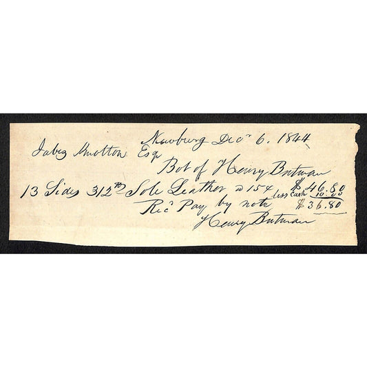 1844 Jabez Knowlton* Newburgh, ME General Store Receipt for "Sole Leather"