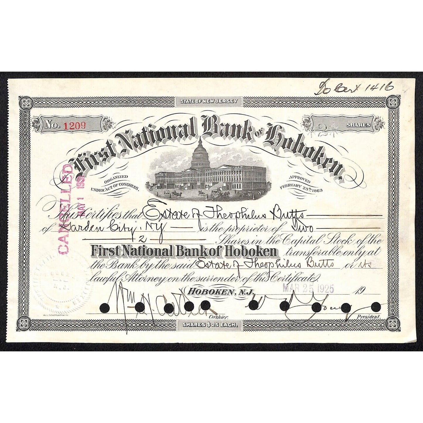 First National Bank of Hoboken NJ 1925 Stock Certificate Theophilus Butts Estate