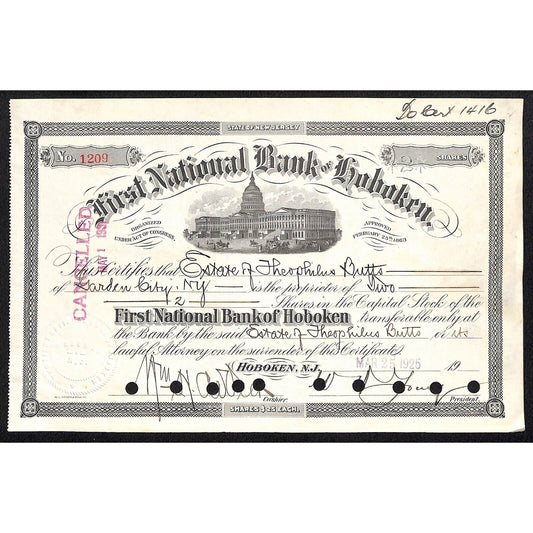 First National Bank of Hoboken NJ 1925 Stock Certificate Theophilus Butts Estate