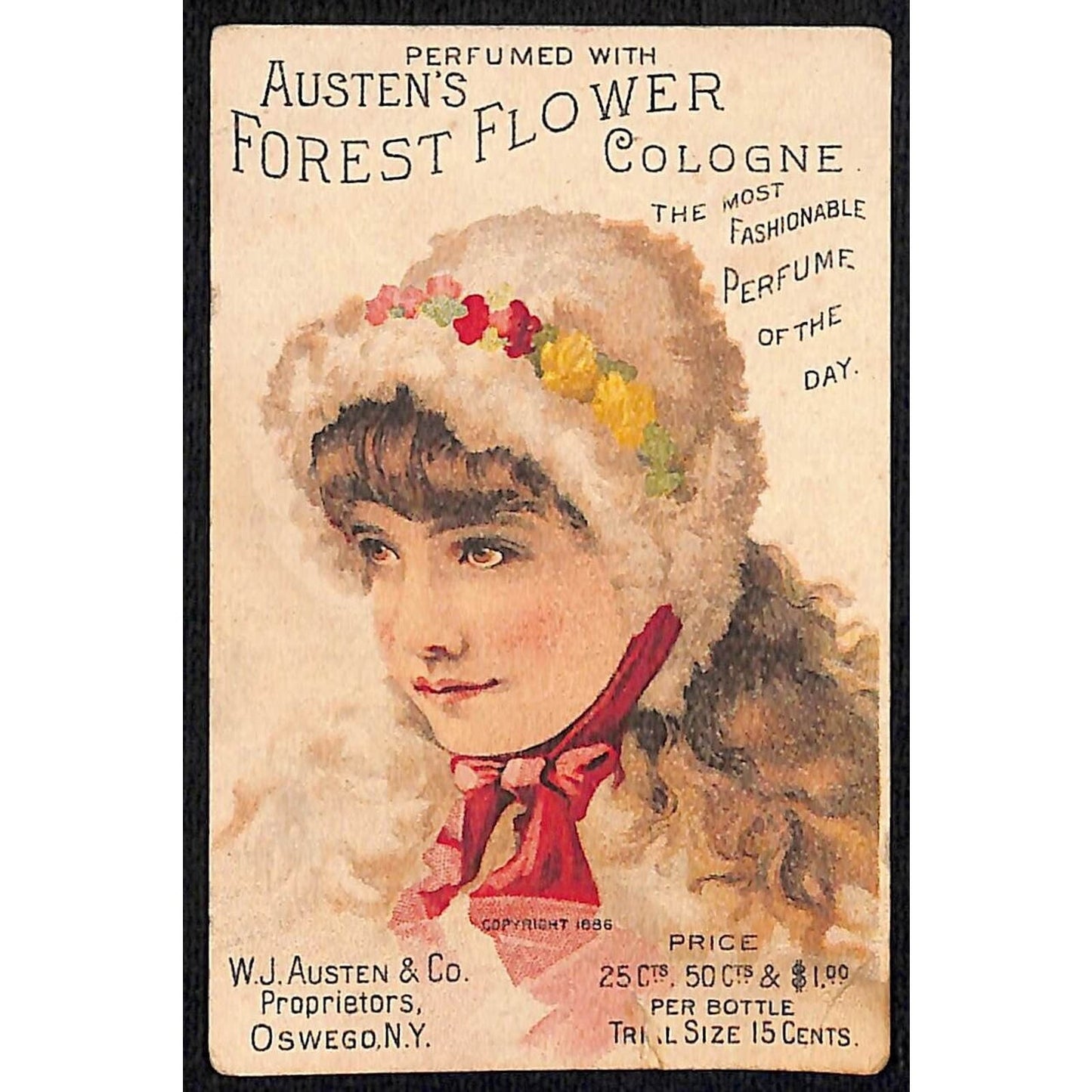 Austen's Forest Flower Cologne Oswego, NY Victorian Trade Card Girl Bonnet