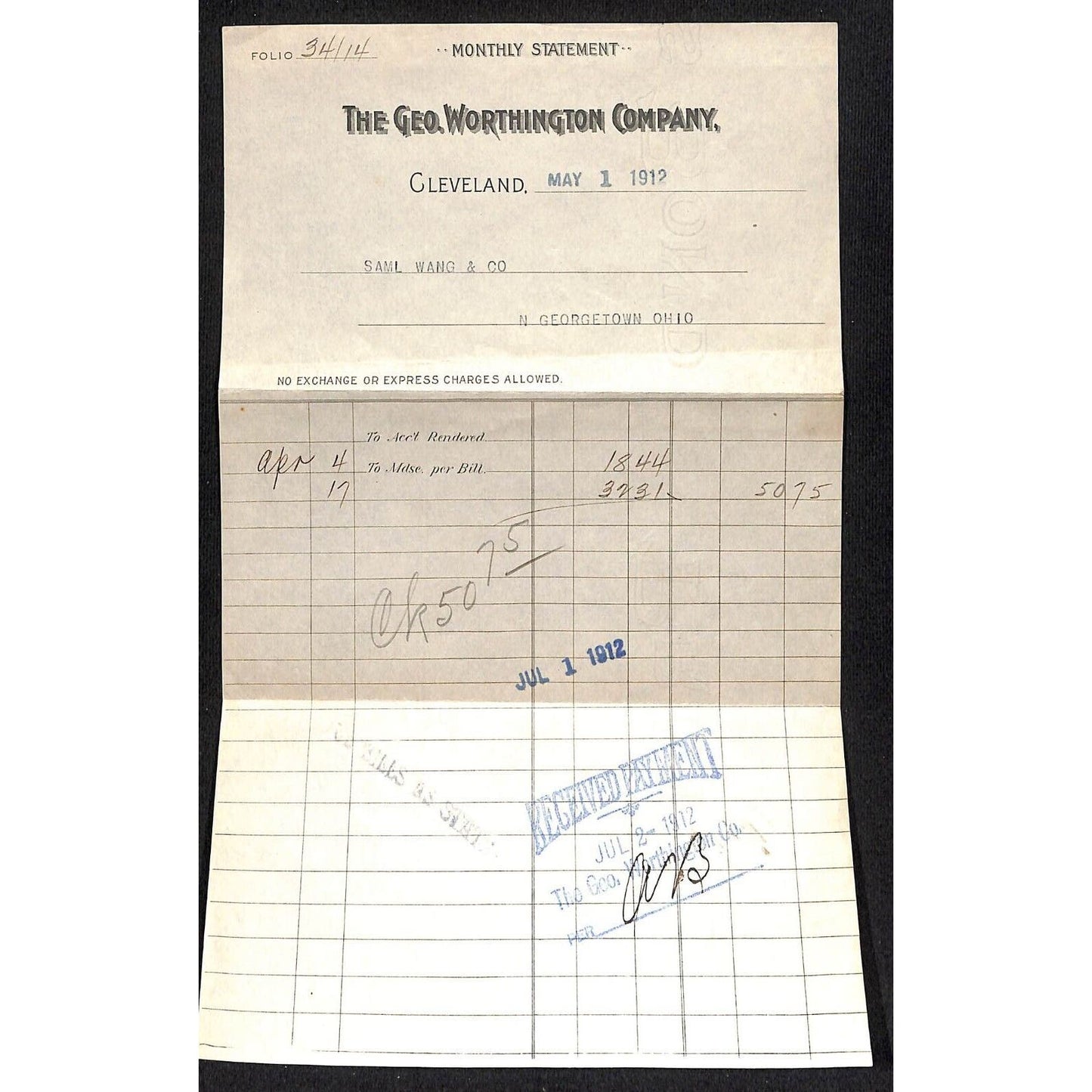 Geo. Worthington Co. / Samuel Wang Co* North Georgetown 1912 Statement & Cover