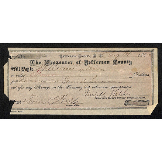 1870 Treasurer of Jefferson County Montana Territory Draft "as Grand Juror"