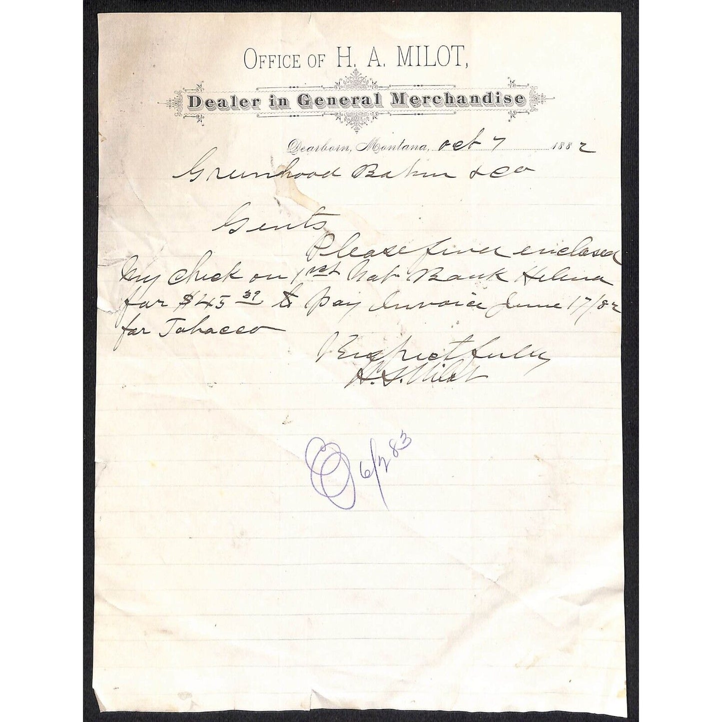 Dearborn, MT H.A. Milot General Merchandise 1882 ALS Letterhead Greenhood, Bohm