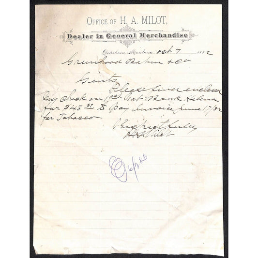 Dearborn, MT H.A. Milot General Merchandise 1882 ALS Letterhead Greenhood, Bohm