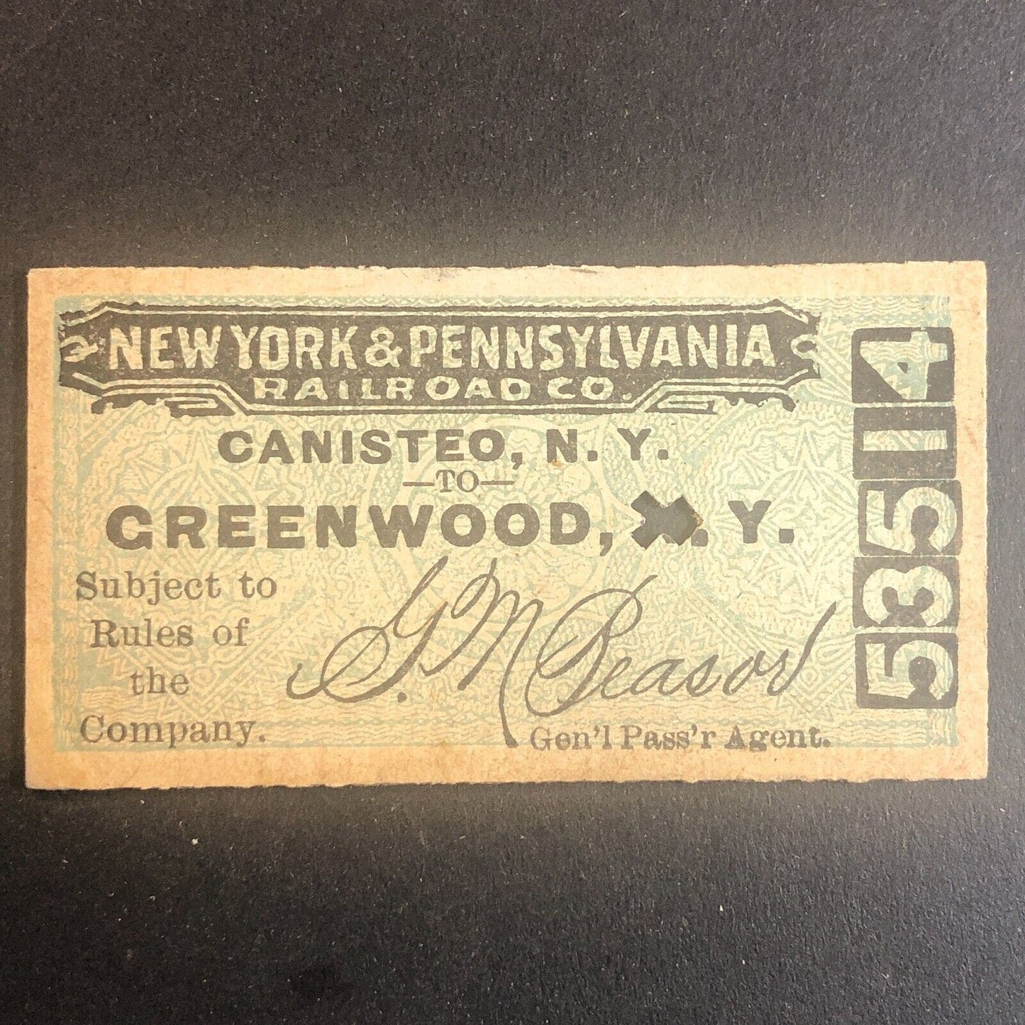 New York & Pennsylvania Railroad July 10 1917 Greenwood, NY Ticket #53514