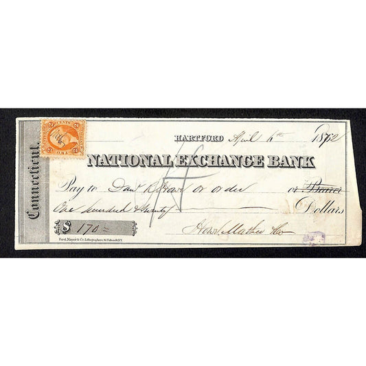 National Exchange Bank 1872 Hartford, CT $170 Bank Check w/ Tax Stamp