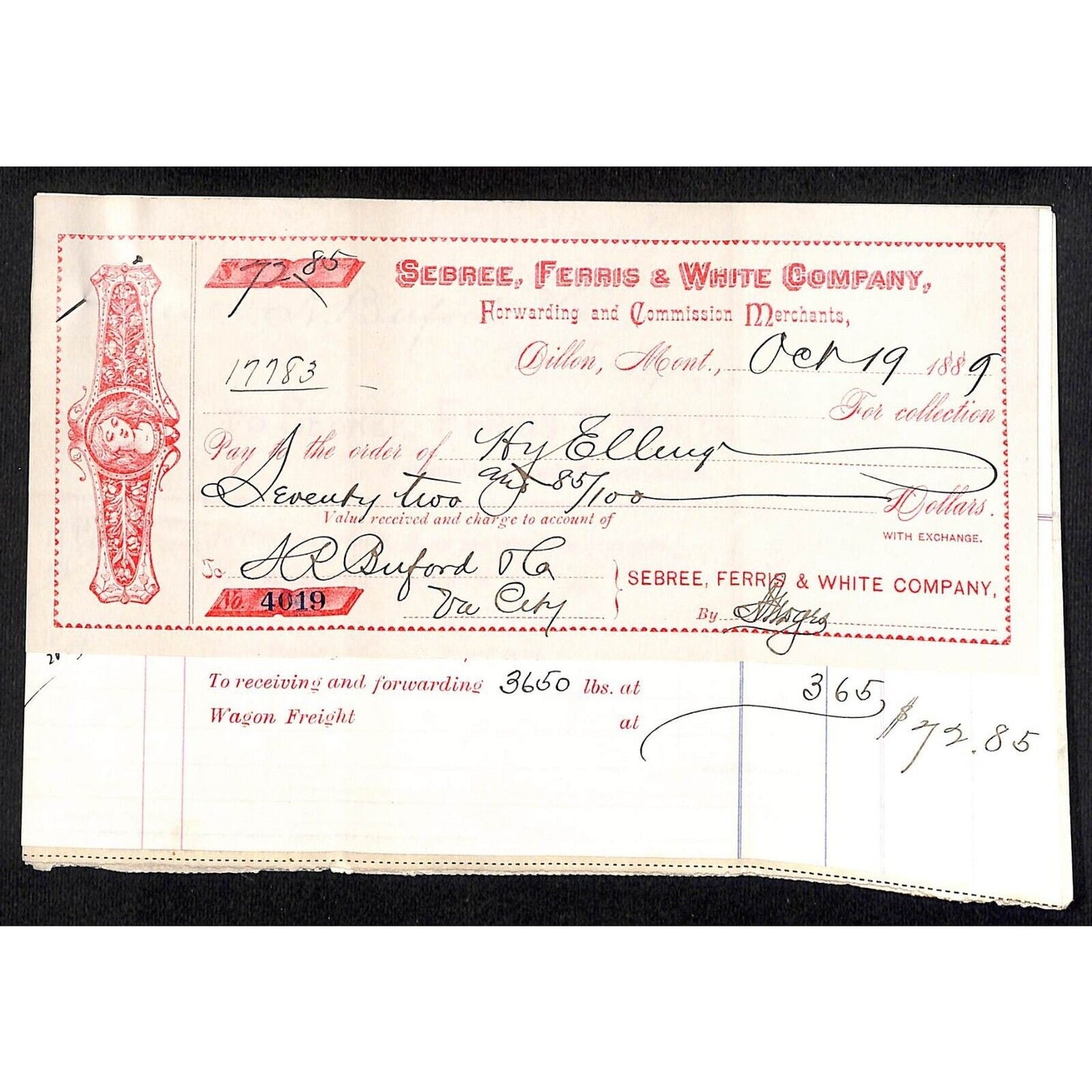 Dillon, MT Sebree, Ferris & White Buford* 5 pcs. 1889 Waybill, Receipt + R.R.
