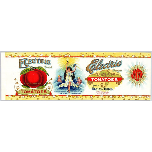 Electric Brand Tomatoes Olney & Floyd Westernville, NY Paper Can Label c1925-35