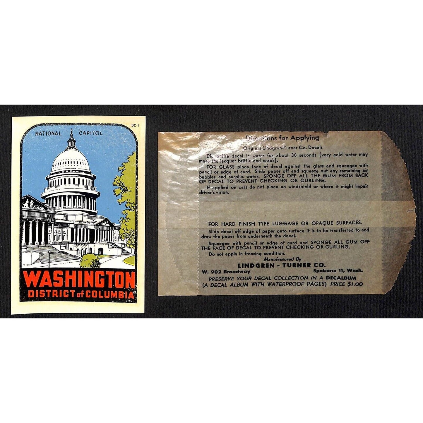 Washington, DC Capitol Water Transfer Decal Travel Souvenir - c1950's