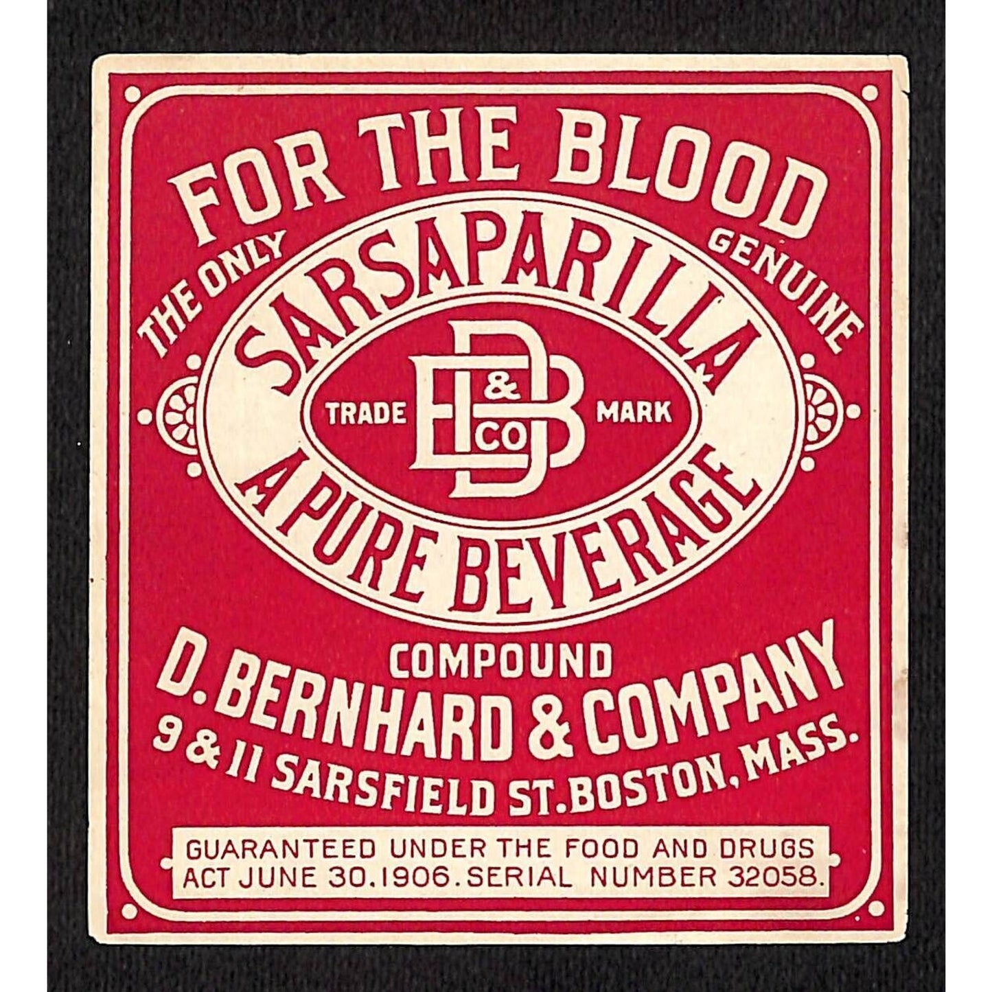 D. Bernhard & Company Sarsaparilla Compound Boston c1910's-20's VGC Scarce