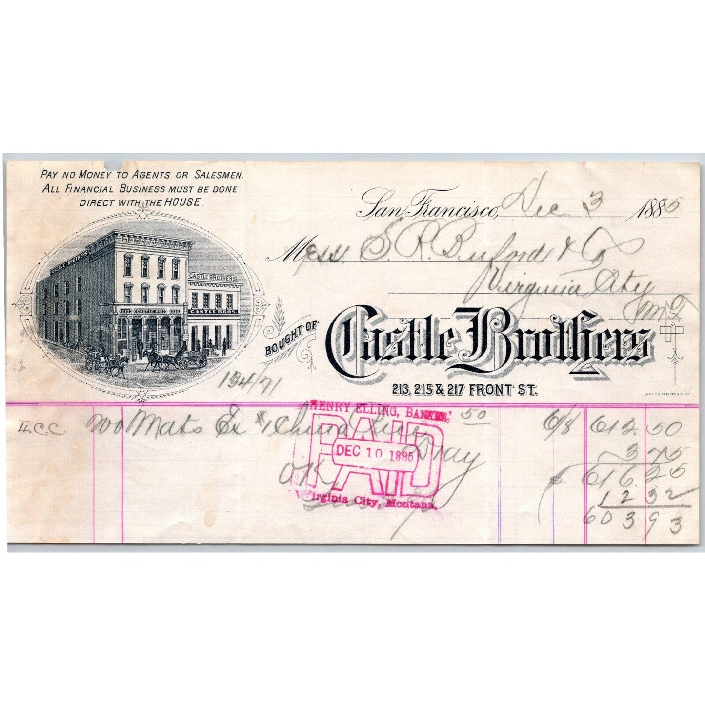 Castle Brothers Grocers San Francisco 1885 Billhead VGC Buford Virginia City MT*