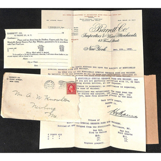 Barrett Co. NYC Wine Merchants 1909 Letterhead / Order Form & Cover Knowlton*