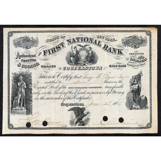 First National Bank of Cooperstown 1881 Stock Certificate George N. Ernst ?