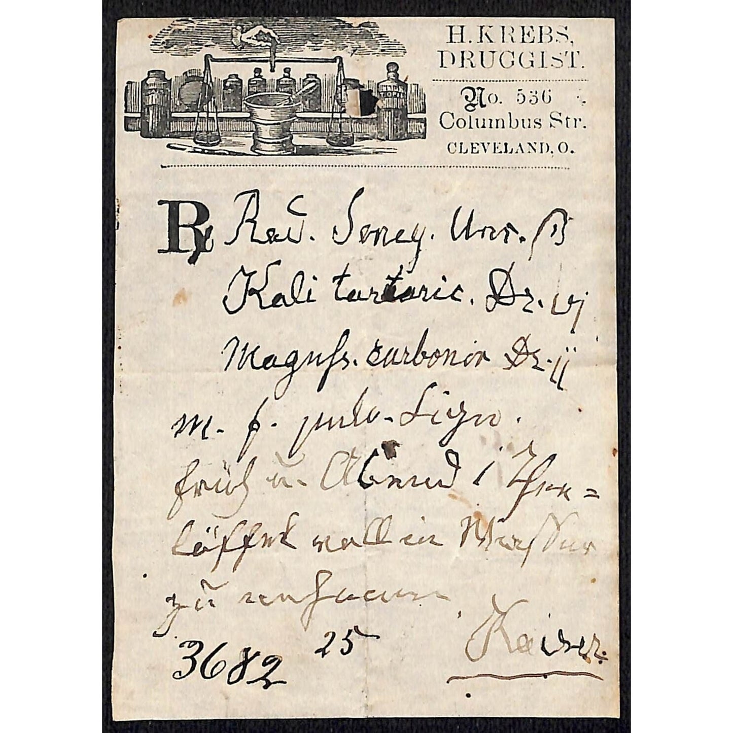 H. Krebs, Druggist Columbus St. Cleveland c1870's* Prescription #3682