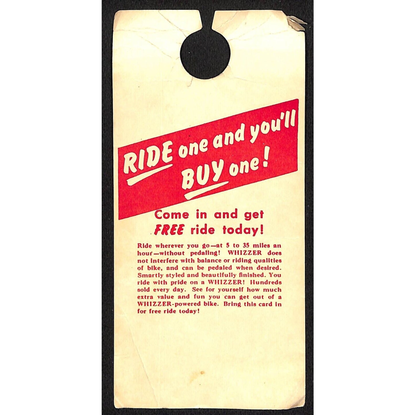 Whizzer Bike Motor Gas Powered Hanging Advertising Tag c1945-50 Scarce