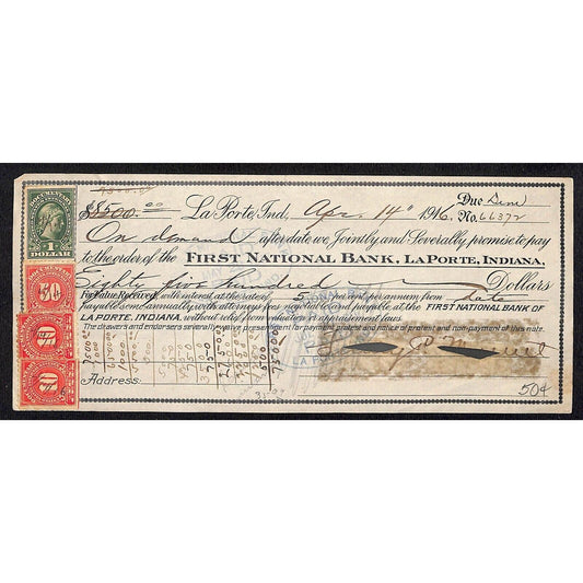 FNB LaPorte Indiana 1916 $8,500 Promissory Note w/ Tax Stamps