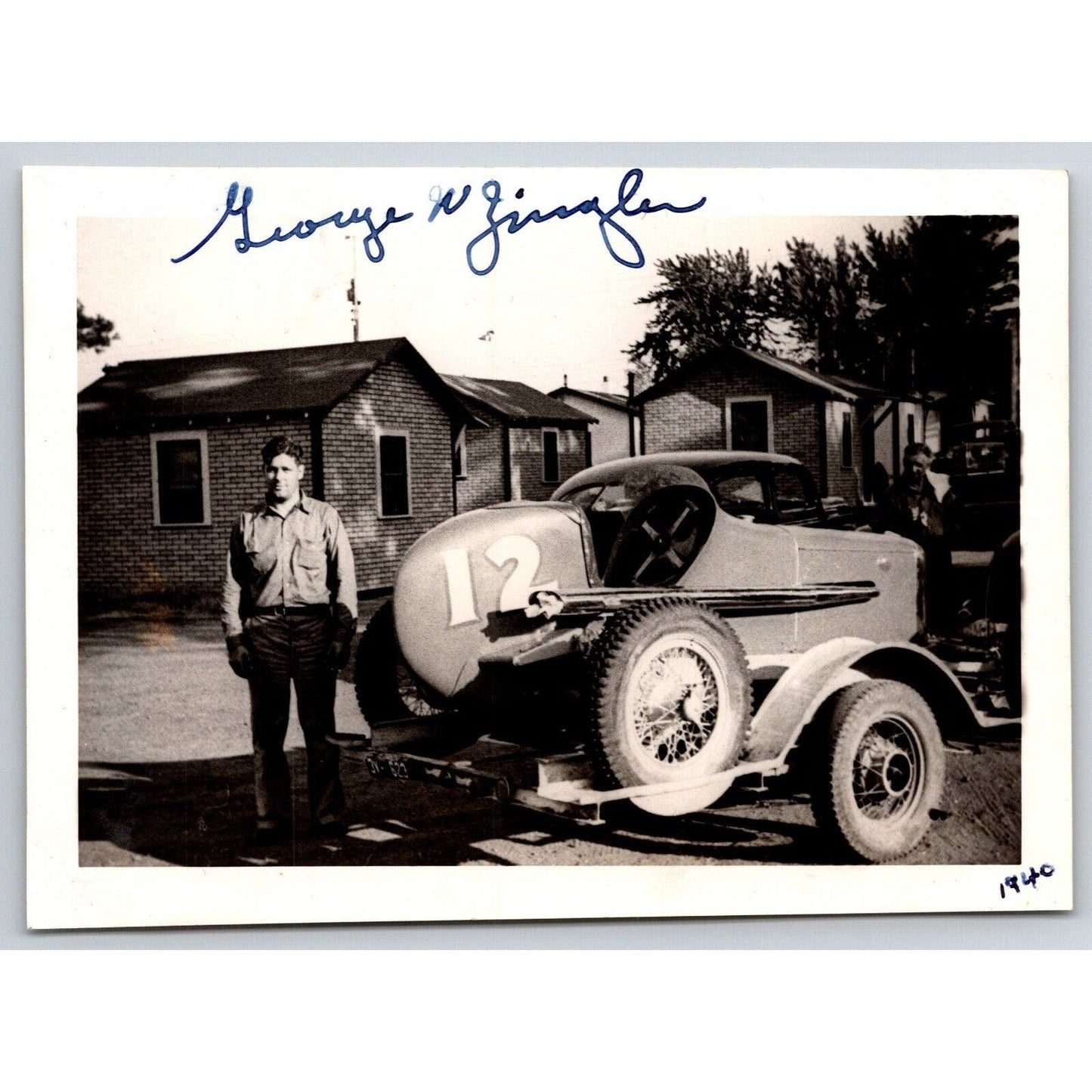 George Zingler Car #12 on Trailer Auto Racing Candid Photo c1940 3" x 4 1/4"