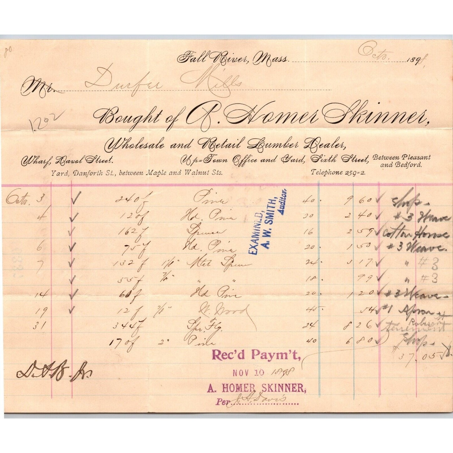 A. Homer Skinner Lumber Dealer Fall River, MA 1898 Billhead Durfee Mills VGC
