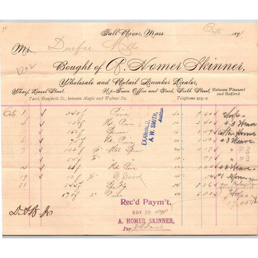 A. Homer Skinner Lumber Dealer Fall River, MA 1898 Billhead Durfee Mills VGC