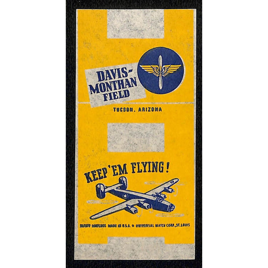 Davis-Monthan Field Air Force Tucson, AZ WWII Matchbox Label - Scarce Yellow*