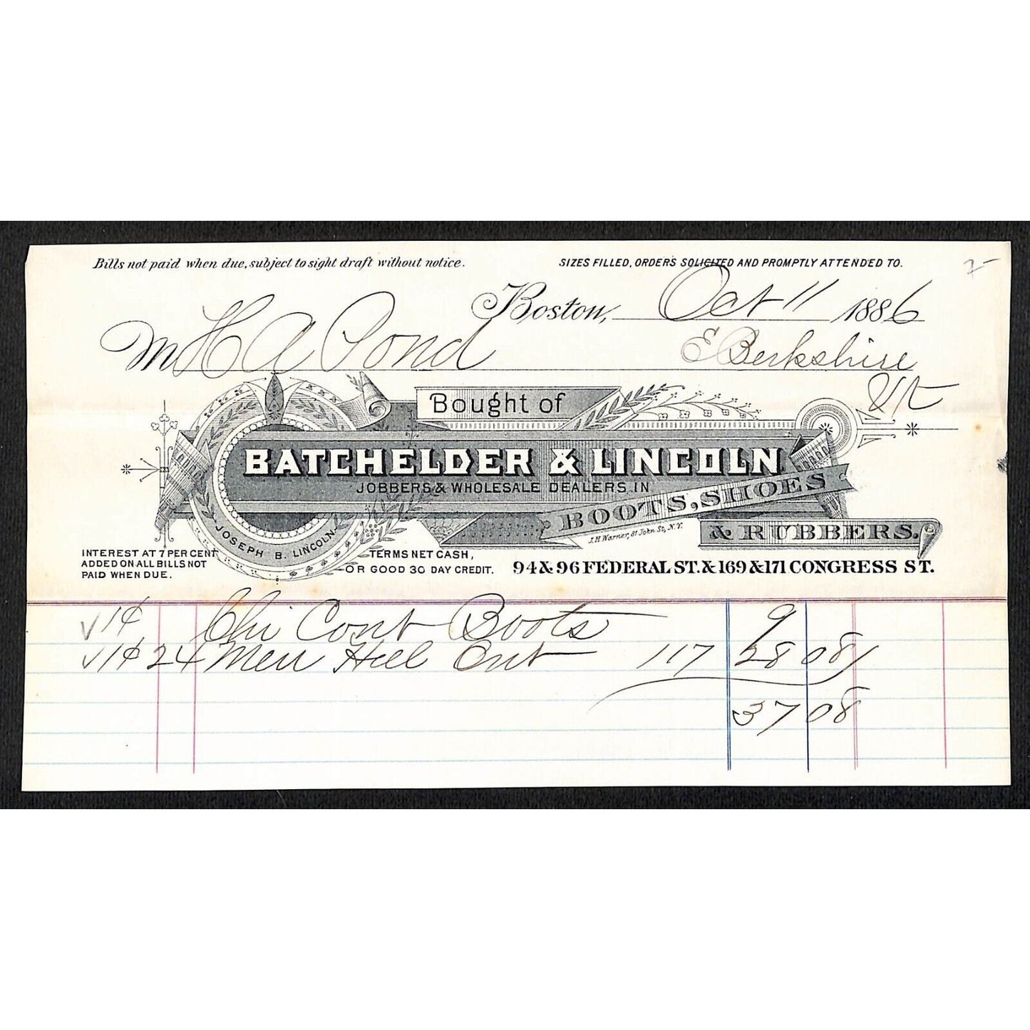 Batchelder & Lincoln Boston Boots Shoes 1886 Billhead to H.A. Pond E. Berkshire