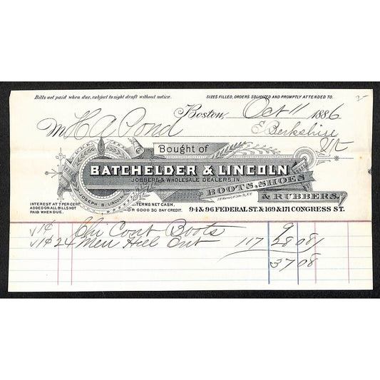 Batchelder & Lincoln Boston Boots Shoes 1886 Billhead to H.A. Pond E. Berkshire