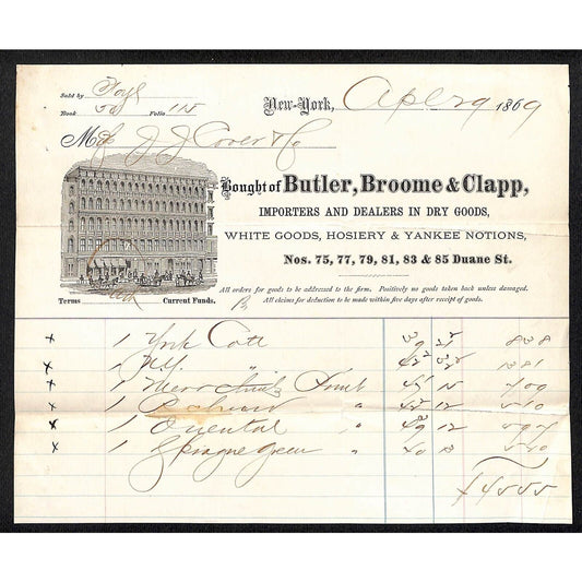 Butler, Broome & Clapp Duane St. NYC 1869 J.J. Cover, Johnsville, OH* Billhead