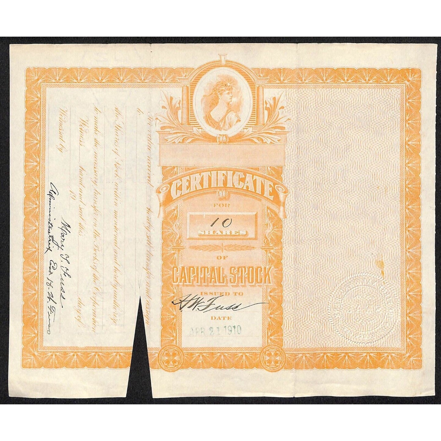 First National Bank of Lovelock, NV 1910 Stock Certificate to: H.W. Fuss *