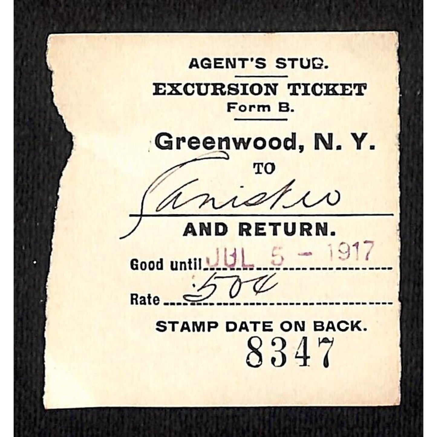New York & Pennsylvania Ry 1917 Greenwood, NY Excursion Ticket Stub #8347