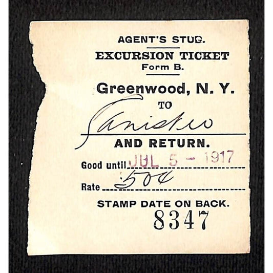 New York & Pennsylvania Ry 1917 Greenwood, NY Excursion Ticket Stub #8347