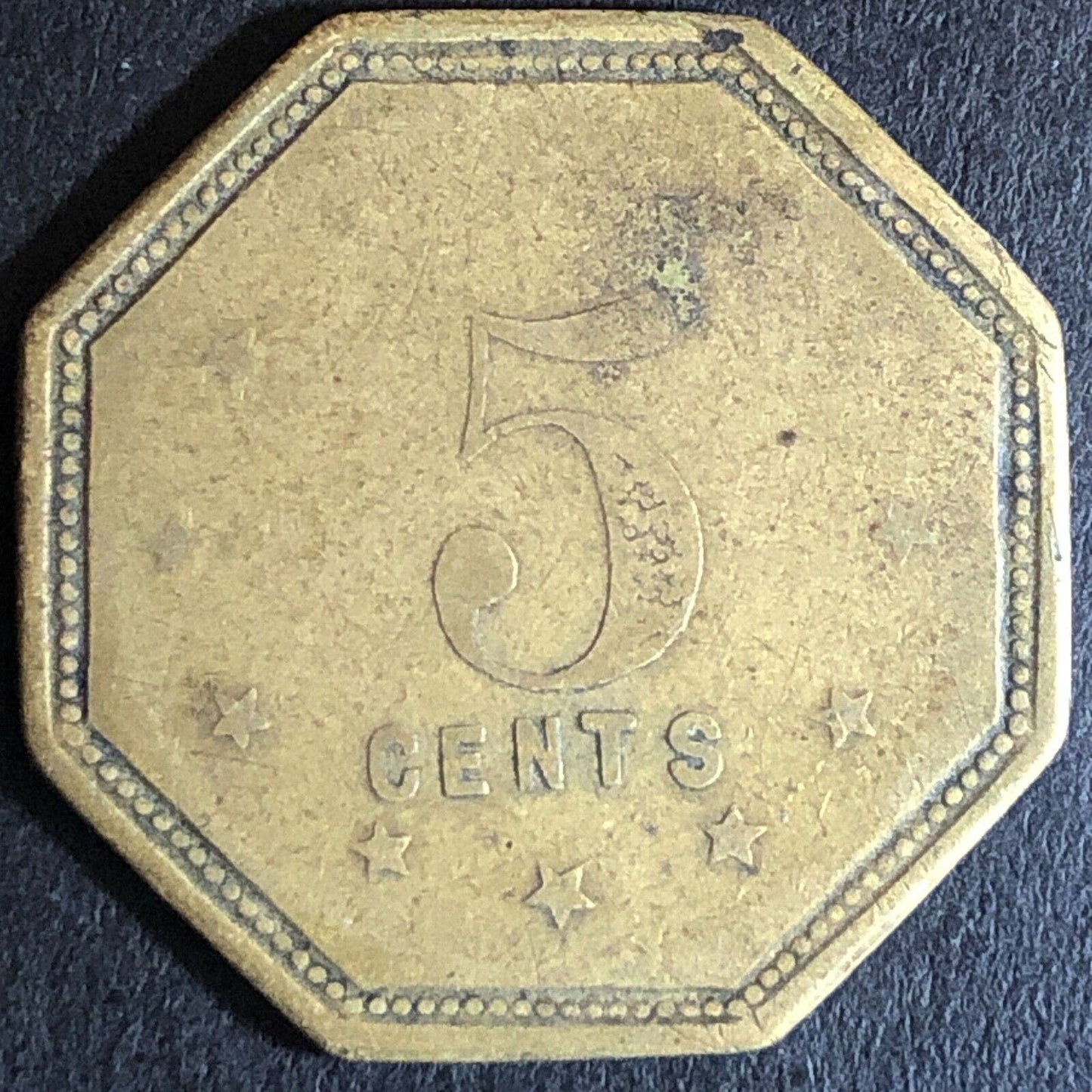 Benicia Barrack Exchange* Military G/F 5¢ Hex Trade Token Scarce 26mm c1890's