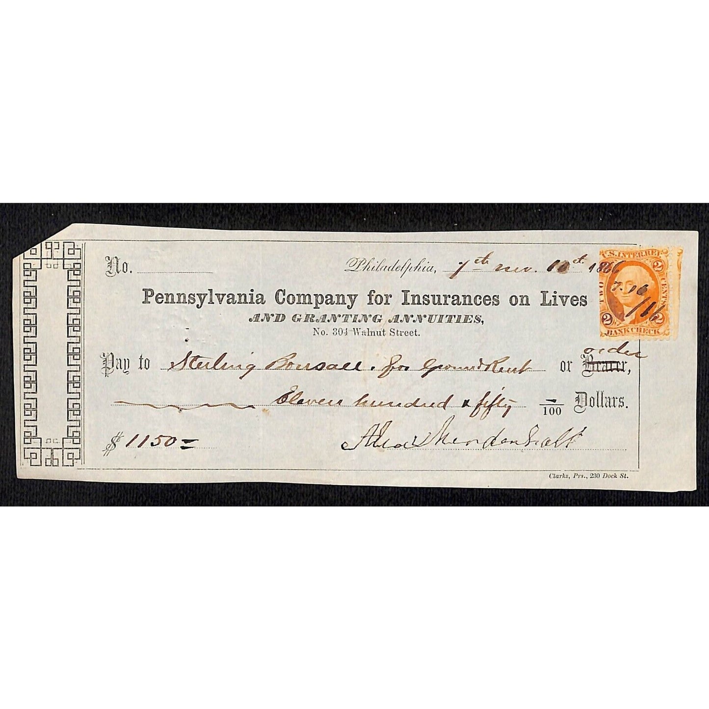 1866 Pennsylvania Co for Insurances on Lives Check Rev Stamp Sterling Brusau