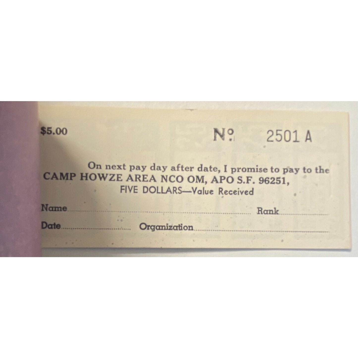 Korea Camp Howze Area NCO Open Mess Partial $5.00 Coupon Booklet #2501 VGC