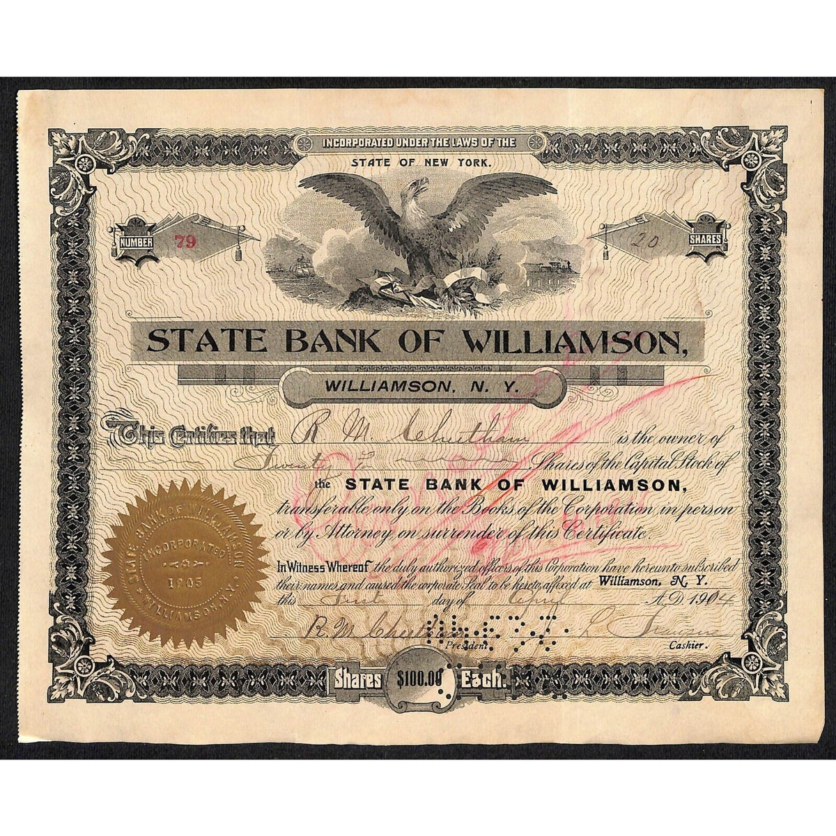 State Bank of Williamson NY 1917 Stock Certificate R.M. Leheel??? Scarce