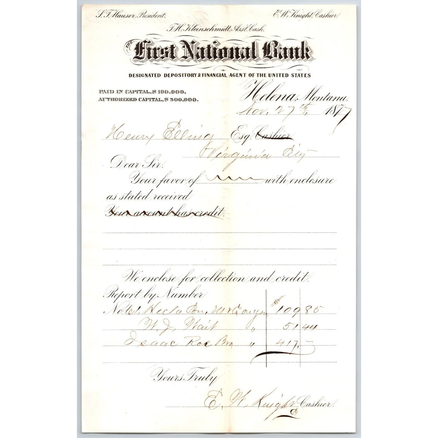 First National Bank Helena, MT 11/27 1877 Payment Advice Henry Elling*