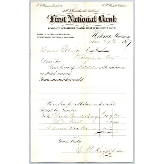 First National Bank Helena, MT 11/27 1877 Payment Advice Henry Elling*