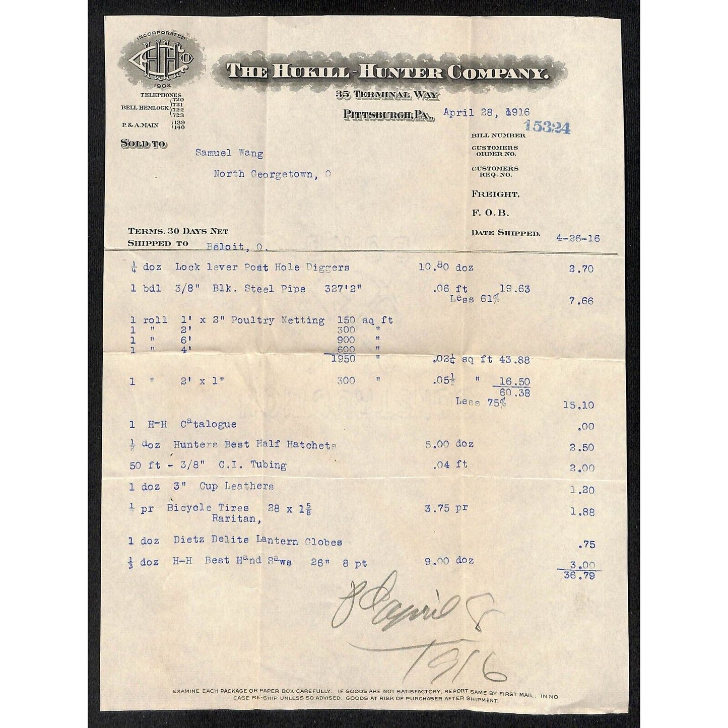 Hukill-Hunter Co. Pitts. Samuel Wang Co* North Georgetown 1916 Billhead & Cover