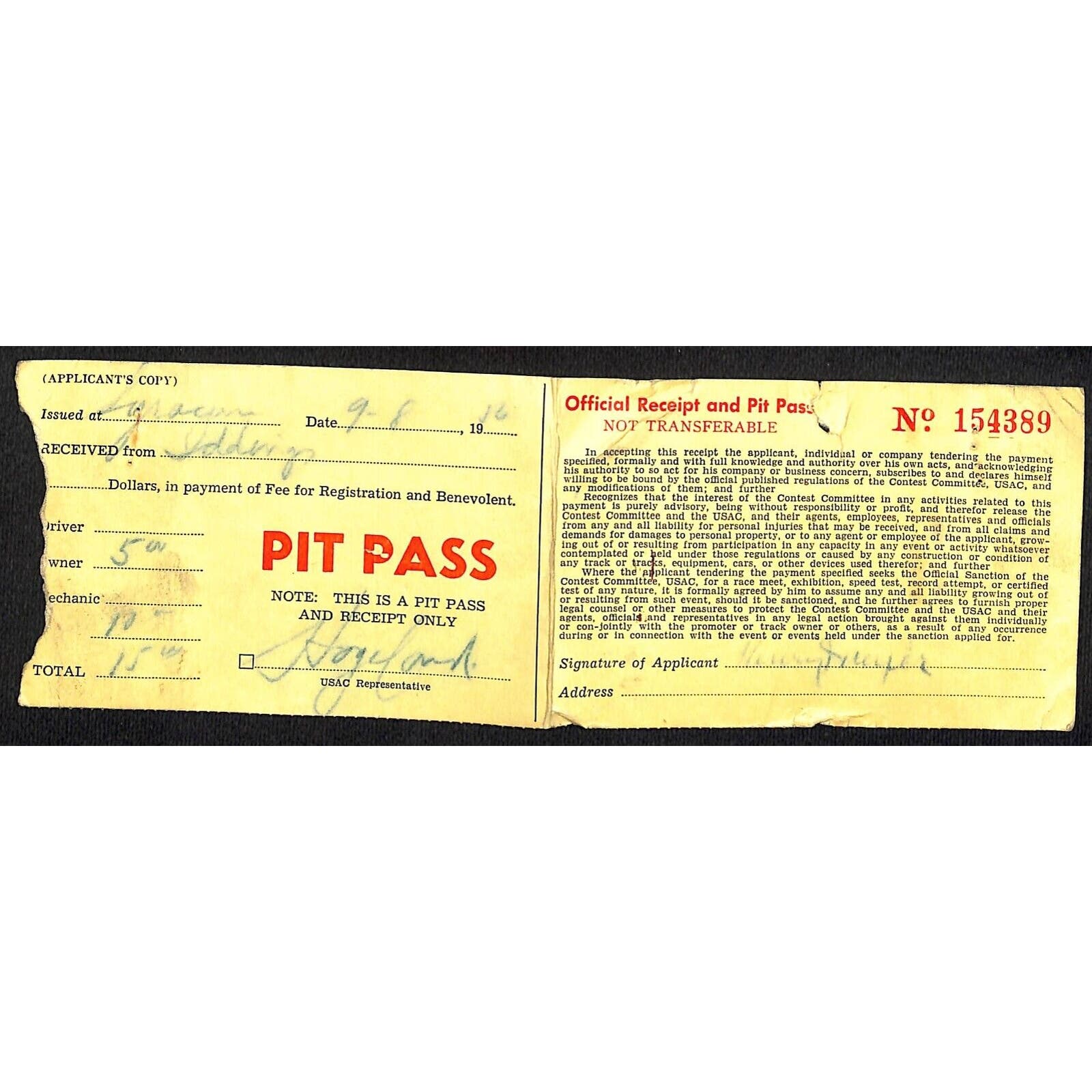 1956 USAC Pit Pass & Receipt – Jerry's Vintage Trading