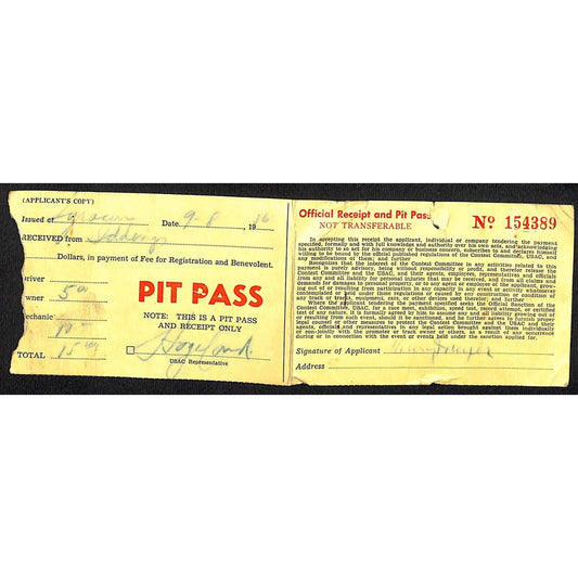 1956 USAC Pit Pass & Receipt