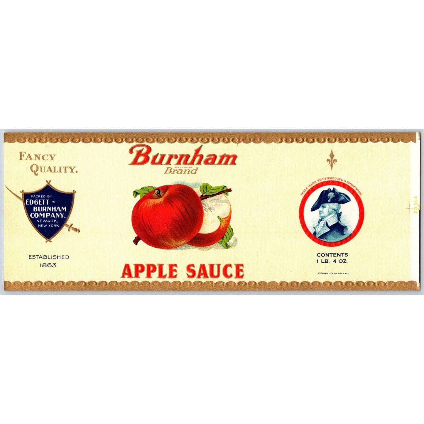 Apple Sauce Burnham Brand Edgett Burnham Newark Paper Can Label c1940's NOS VGC
