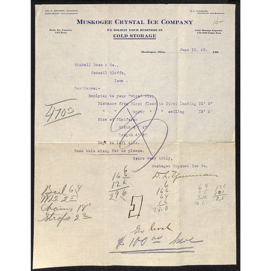 1909 Muskogee Crystal Ice Co. / Cold Storage Muskogee, OK TLS Letterhead